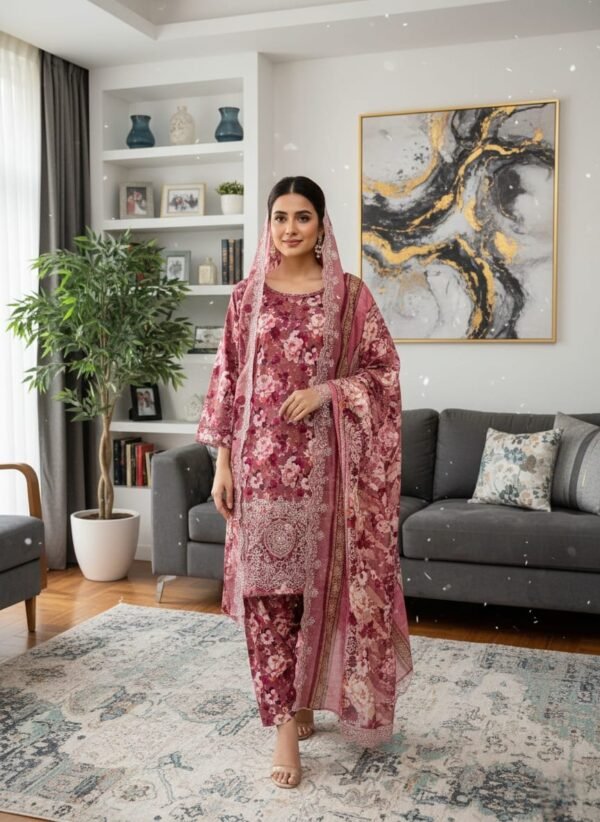 Lawn ChikanKari Cutwork 3PC Stitched